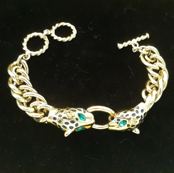 Vintage Double Leopard Head with Green Rhinestone Eyes Chunky Chain Bracelet - Picture 8 of 15